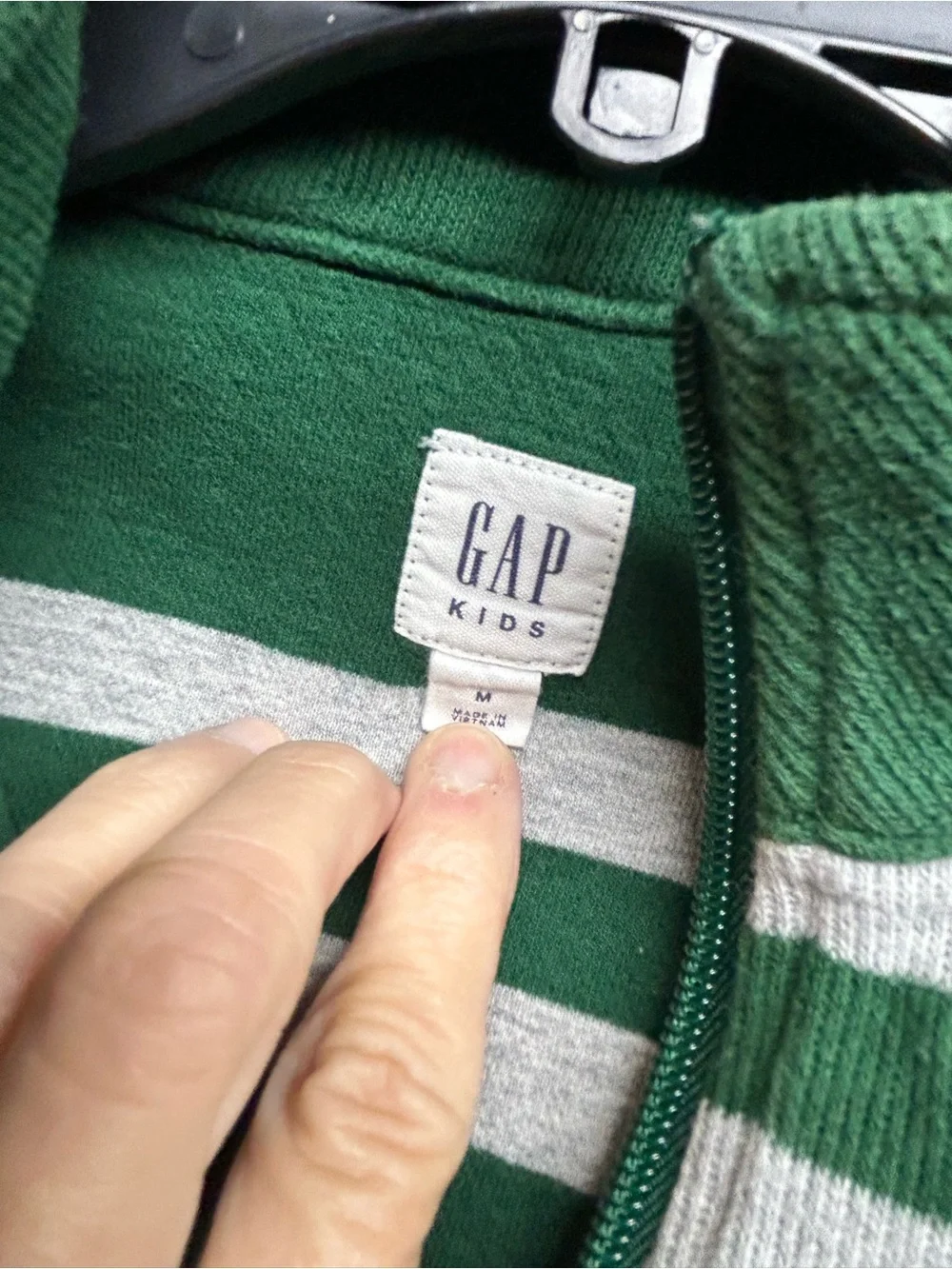 GAP Men's Green and White Striped Quarter-Zip Sweater